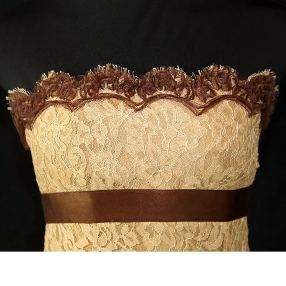 Badgley Mischka Gold Bronze Brown Lace Strapless Cocktail Dress Size 6 - Picture 4 of 14